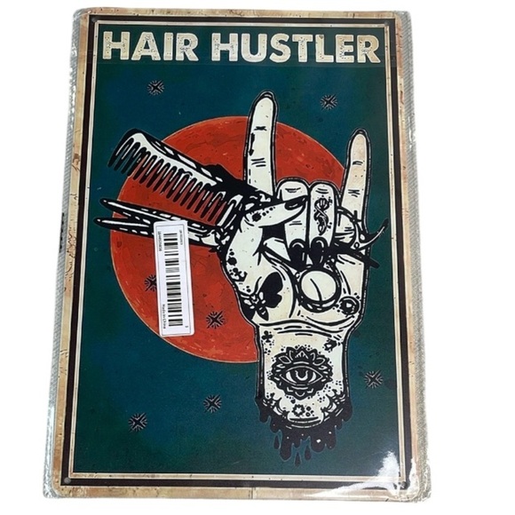 Vintage Vibe NWT Hair Hustler Metal Tin Sign Tatoo Hand Design Scissors Comb - Picture 1 of 6